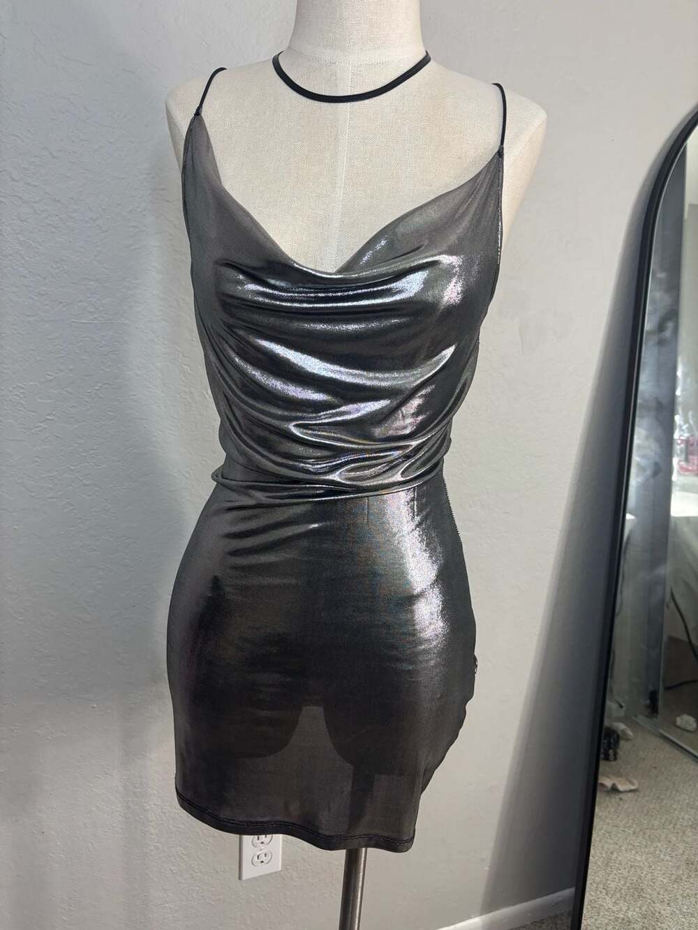 H&M Metallic Shimmering Cowl Neck Mini Dress in Silver